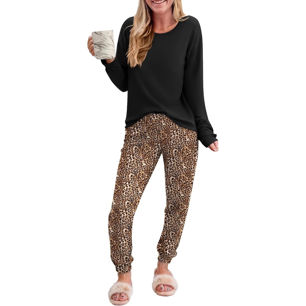 image:imageEkouaer Womens Pajama Sets Long Sleeve Pjs with Jogger Pants Soft SleepwearBrown Leopard