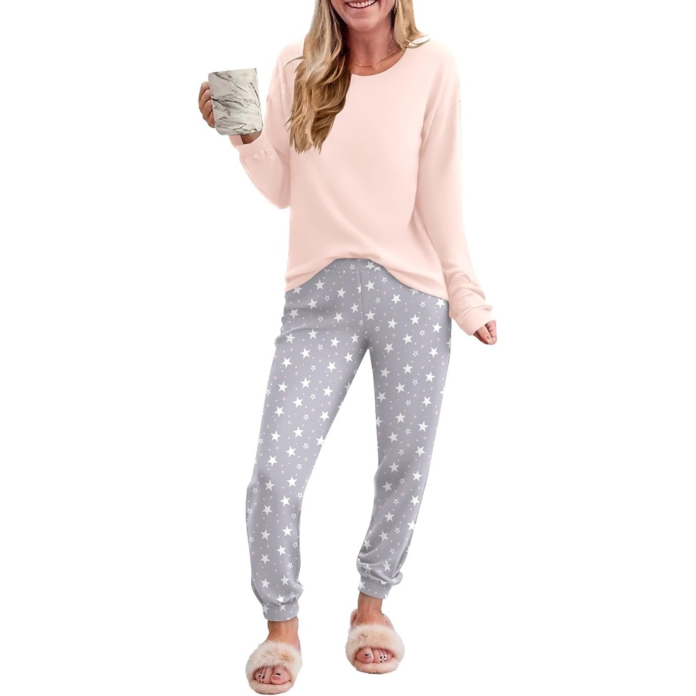 image:imageEkouaer Womens Pajama Sets Long Sleeve Pjs with Jogger Pants Soft SleepwearGrey Stars