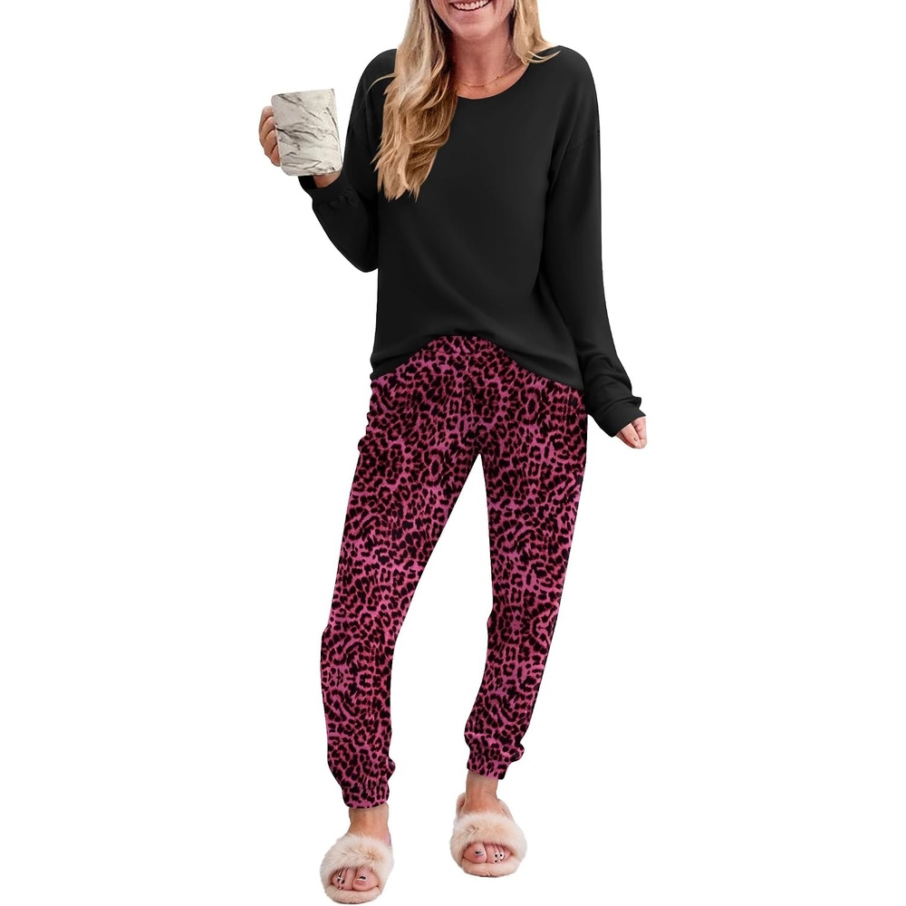 image:imageEkouaer Womens Pajama Sets Long Sleeve Pjs with Jogger Pants Soft SleepwearRose Leopard