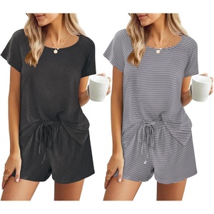 Ekouaer 2 Pack Womens Pajama Sets Short Sleeve Sleepwear Soft Crew Neck Pj Shorts Set Printed Loungewear Set S-XXL(Gray/Gray Stripe)