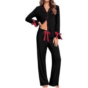 Ekouaer Womens Long Sleeve Pajamas Set Button Down Pj Sets Cute Bow Tie Pjs(Black)