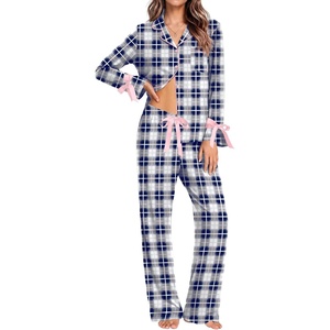 Ekouaer Womens Long Sleeve Pajamas Set Button Down Pj Sets Cute Bow Tie Pjs(Blue and White Checkered)
