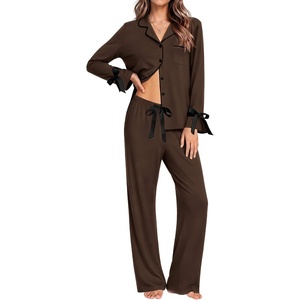 Ekouaer Womens Long Sleeve Pajamas Set Button Down Pj Sets Cute Bow Tie Pjs(Brown)