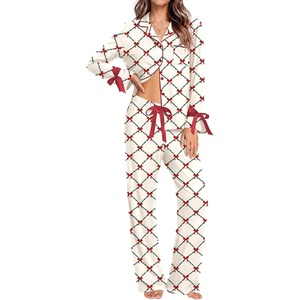 Ekouaer Womens Long Sleeve Pajamas Set Button Down Pj Sets Cute Bow Tie Pjs(Christmas Diamond-patterned Bow)