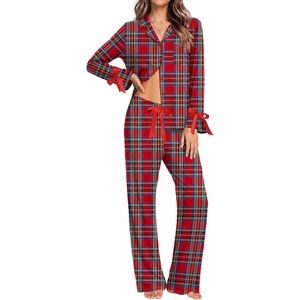Ekouaer Womens Long Sleeve Pajamas Set Button Down Pj Sets Cute Bow Tie Pjs(Christmas Red Checkered)
