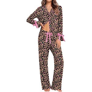 Ekouaer Womens Long Sleeve Pajamas Set Button Down Pj Sets Cute Bow Tie Pjs(Colorful Leopard Print)