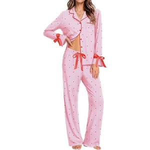 Ekouaer Womens Long Sleeve Pajamas Set Button Down Pj Sets Cute Bow Tie Pjs(Heart Stripes)