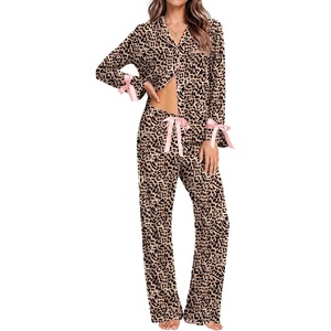 Ekouaer Womens Long Sleeve Pajamas Set Button Down Pj Sets Cute Bow Tie Pjs(Leopard)