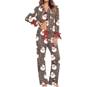 Ekouaer Womens Long Sleeve Pajamas Set Button Down Pj Sets Cute Bow Tie Pjs(Leopard-print Santa Claus)