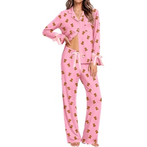 Ekouaer Womens Long Sleeve Pajamas Set Button Down Pj Sets Cute Bow Tie Pjs(Pink Bear)