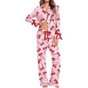 Ekouaer Womens Long Sleeve Pajamas Set Button Down Pj Sets Cute Bow Tie Pjs(Pink Bow)