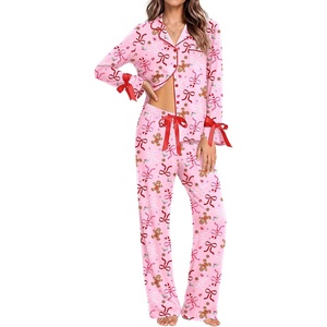 Ekouaer Womens Long Sleeve Pajamas Set Button Down Pj Sets Cute Bow Tie Pjs(Pink Gingerbread Man and Bow)