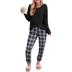 Ekouaer Womens Pajama Sets Long Sleeve Pjs with Jogger Pants Soft Sleepwear(Black and White Plaid)
