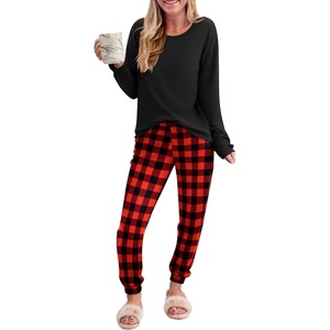 Ekouaer Womens Pajama Sets Long Sleeve Pjs with Jogger Pants Soft Sleepwear(Red and Black Plaid)