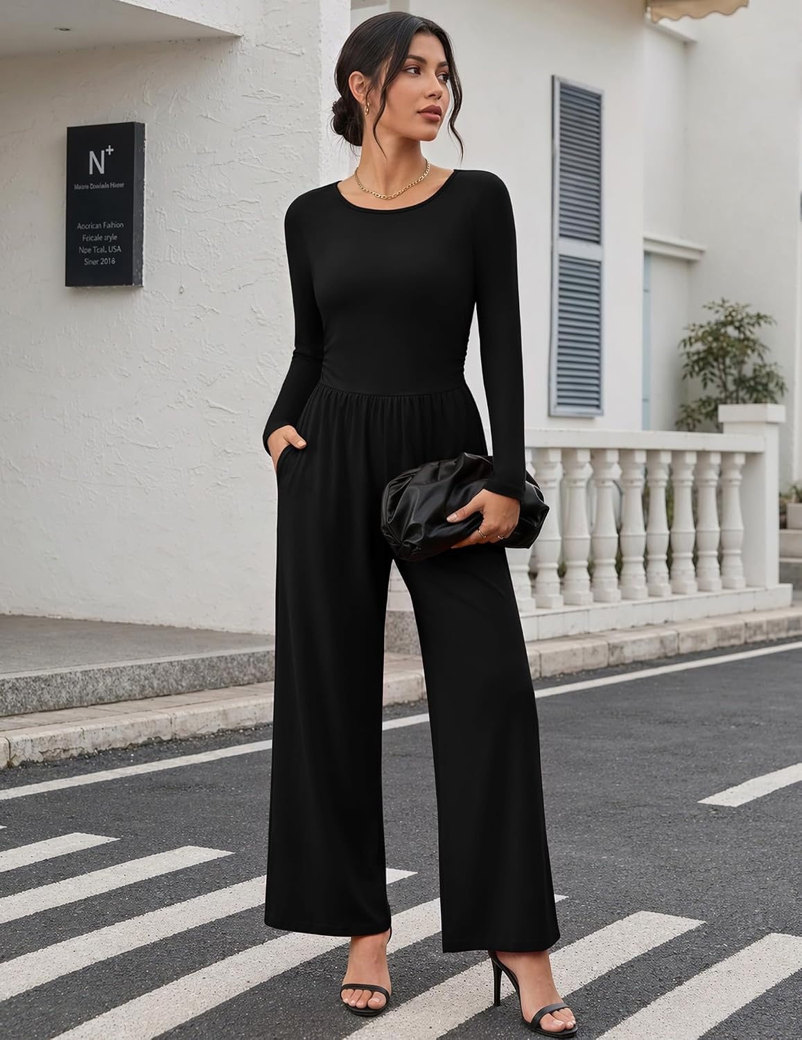 image:imageEkouaer Long Sleeve Jumpsuits for Women Dressy Fall One Piece OutfitsAblack