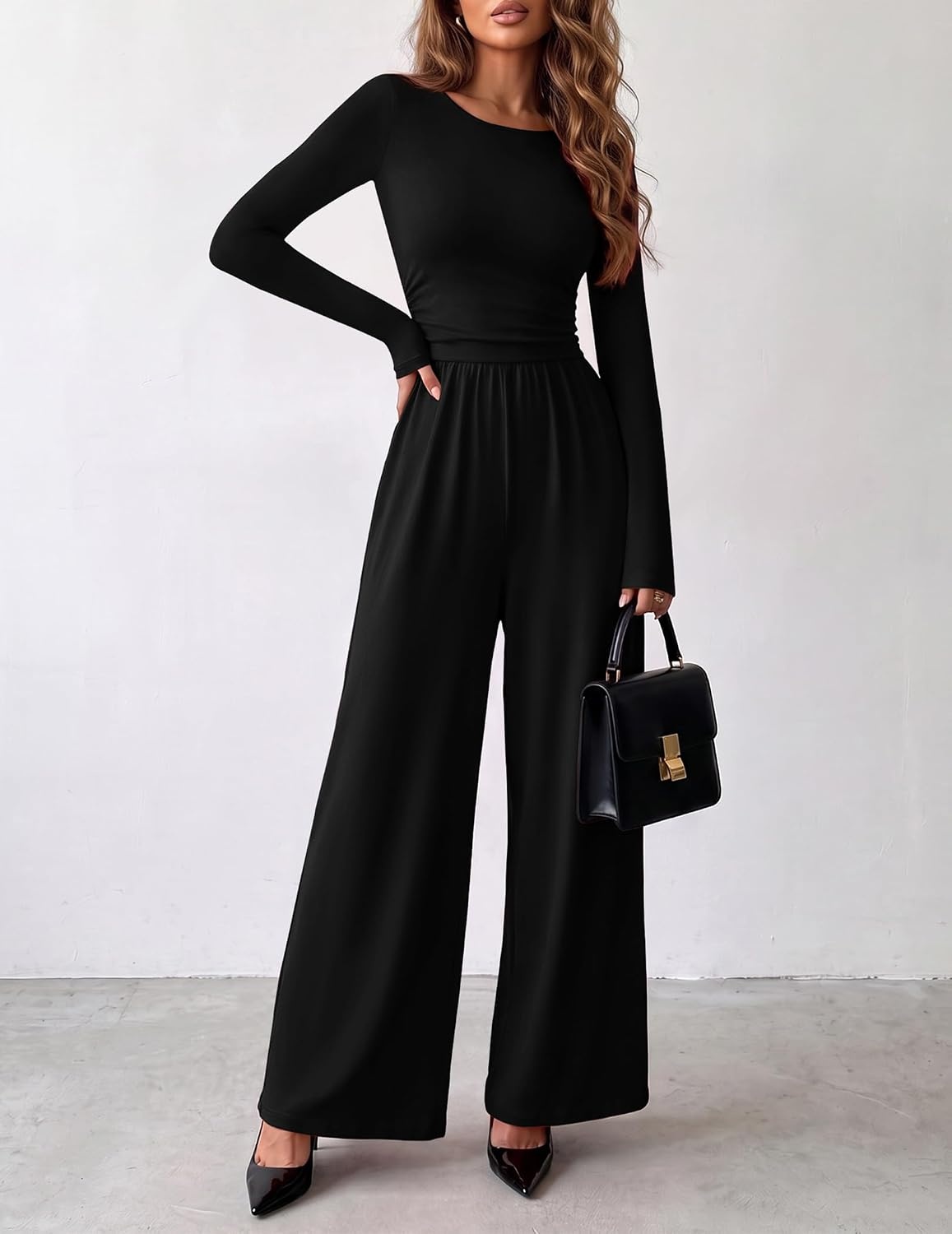 image:imageEkouaer Long Sleeve Jumpsuits for Women Dressy Fall One Piece OutfitsAblack