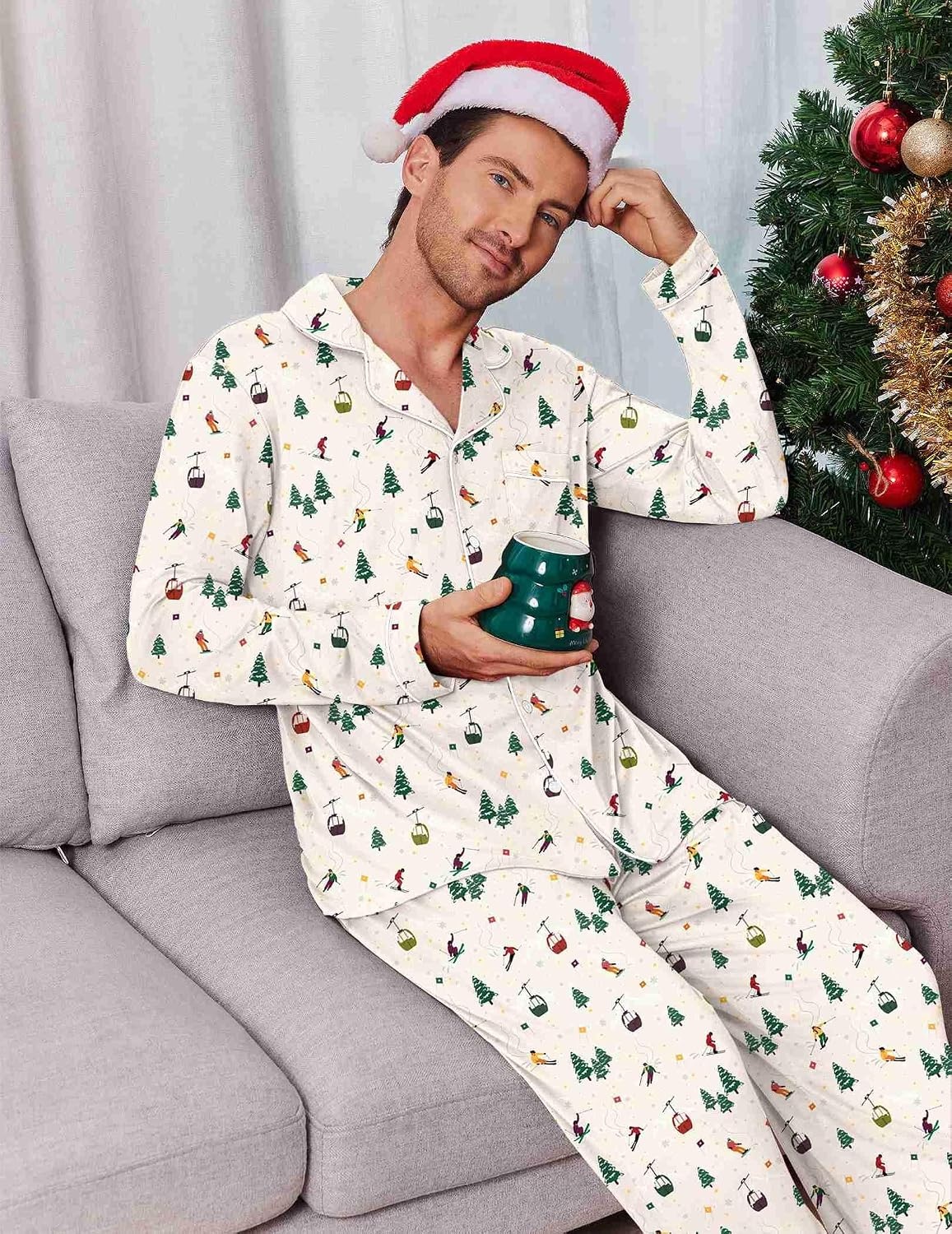 image:imageEkouaer Mens Pajama Sets Long Sleeve Loungewear Button Down Pjs with PantsChristmas Apricot Pattern