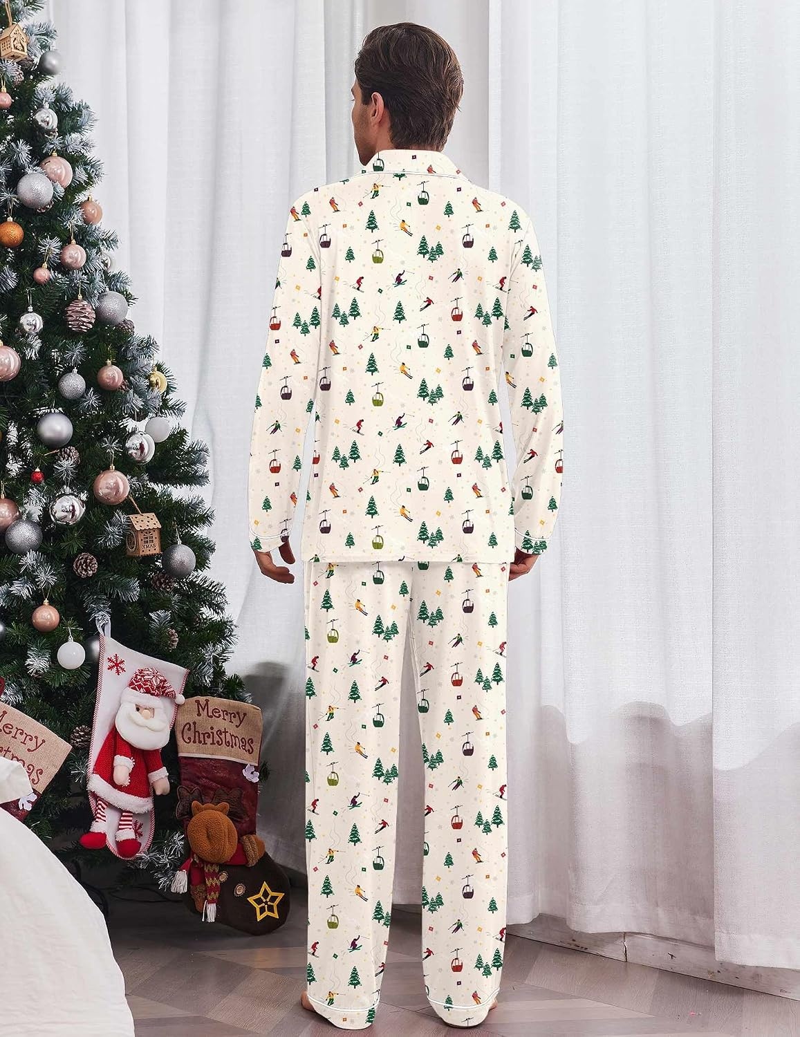image:imageEkouaer Mens Pajama Sets Long Sleeve Loungewear Button Down Pjs with PantsChristmas Apricot Pattern