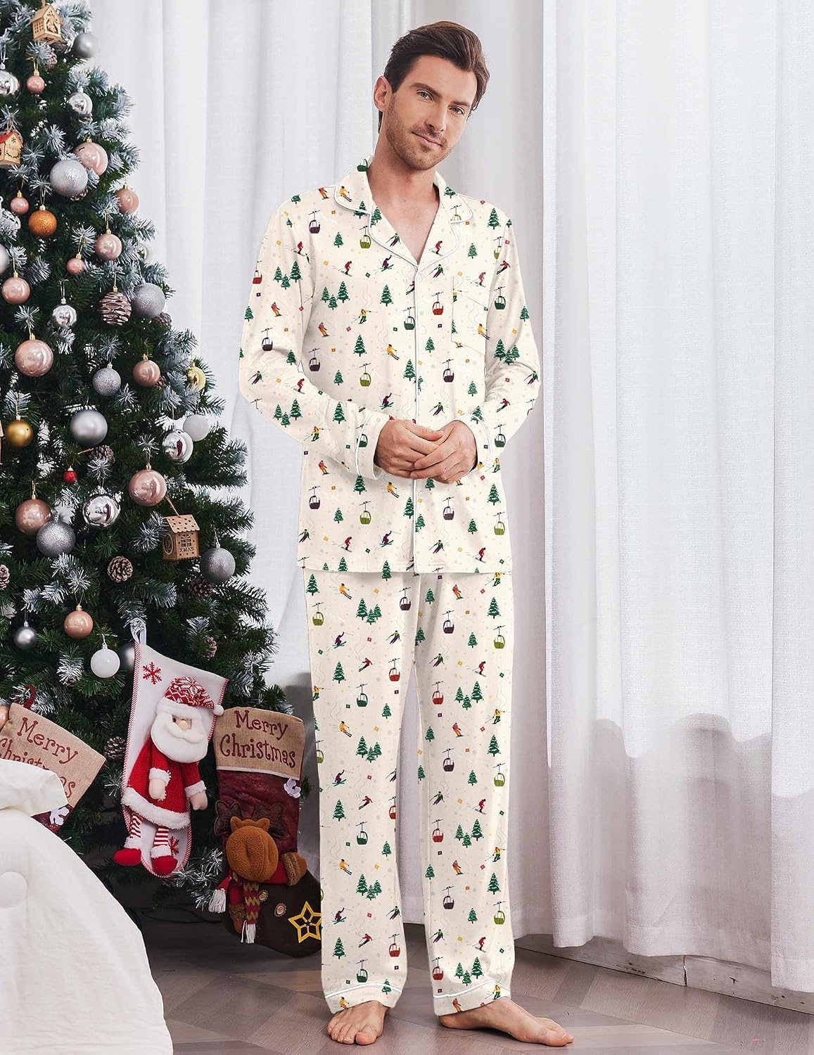 image:imageEkouaer Mens Pajama Sets Long Sleeve Loungewear Button Down Pjs with PantsChristmas Apricot Pattern