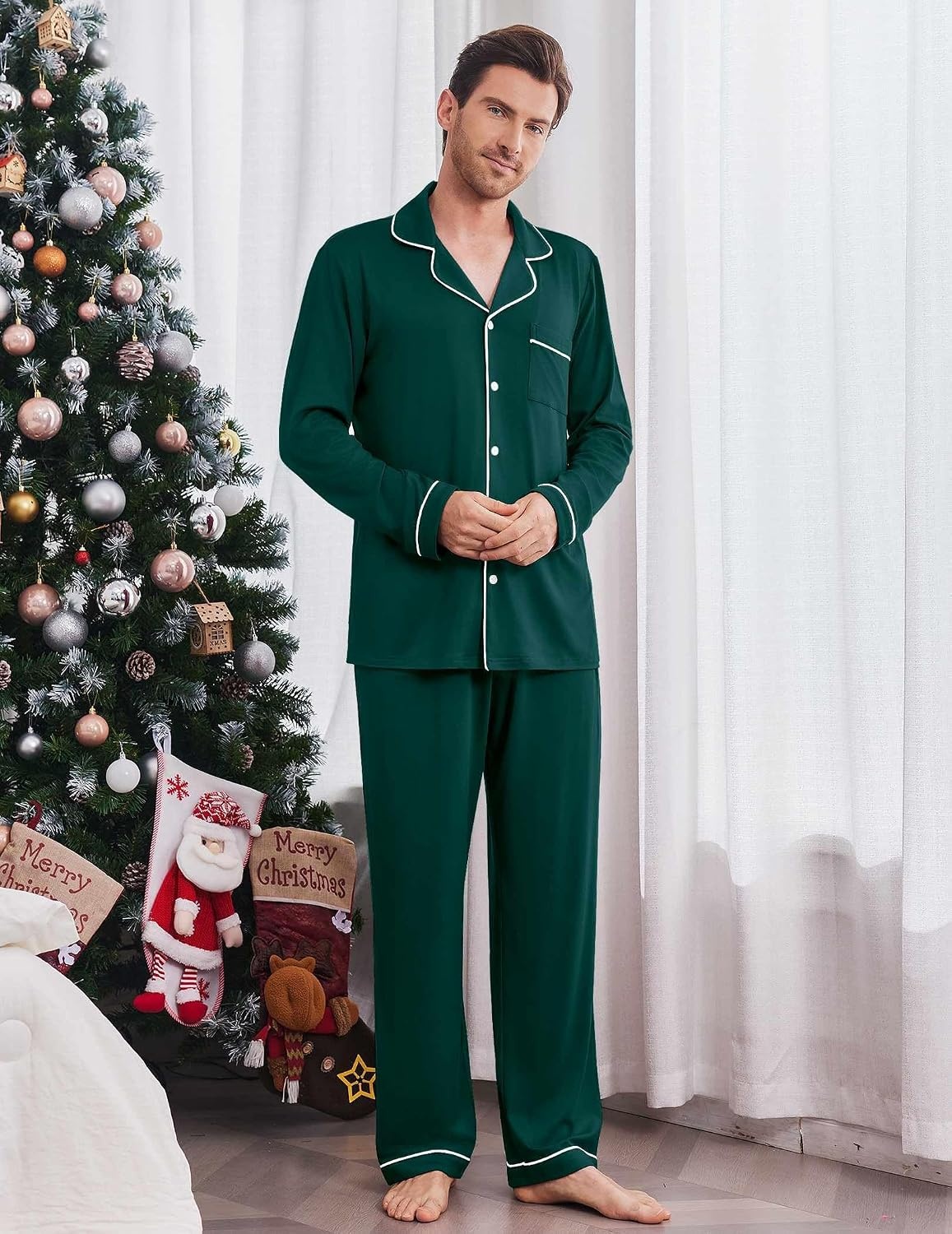 image:imageEkouaer Mens Pajama Sets Long Sleeve Loungewear Button Down Pjs with PantsGreen