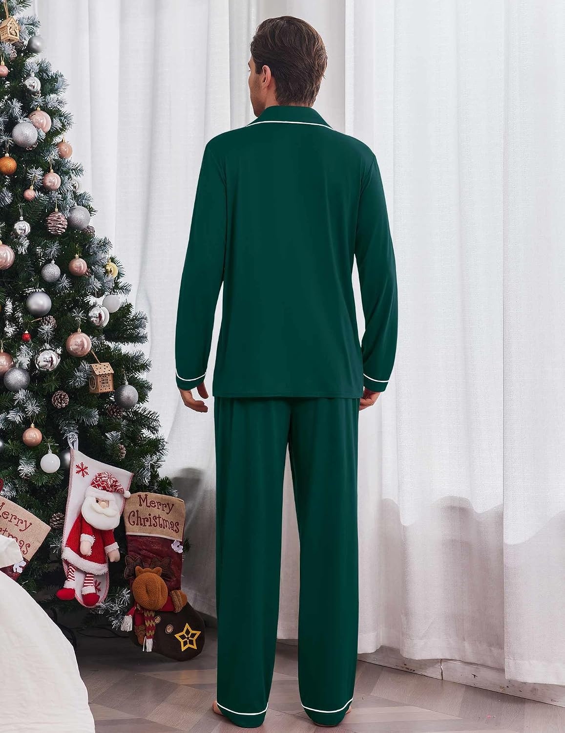 image:imageEkouaer Mens Pajama Sets Long Sleeve Loungewear Button Down Pjs with PantsGreen