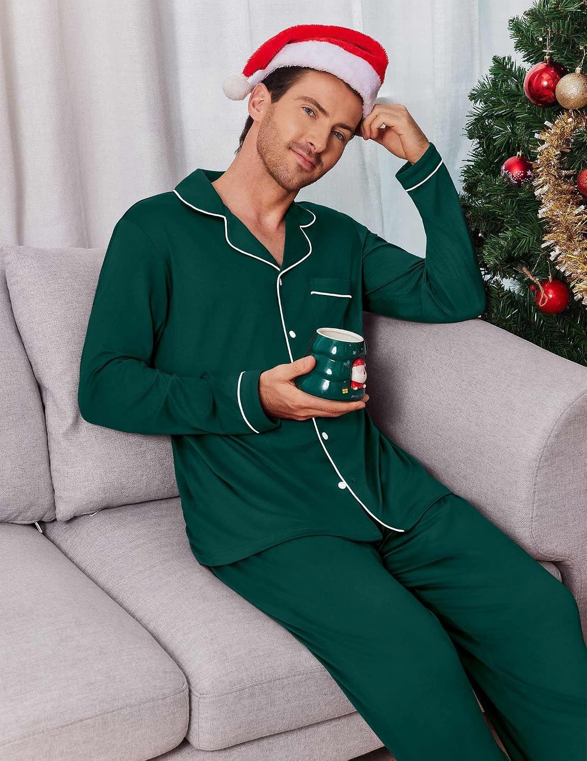 image:imageEkouaer Mens Pajama Sets Long Sleeve Loungewear Button Down Pjs with PantsGreen