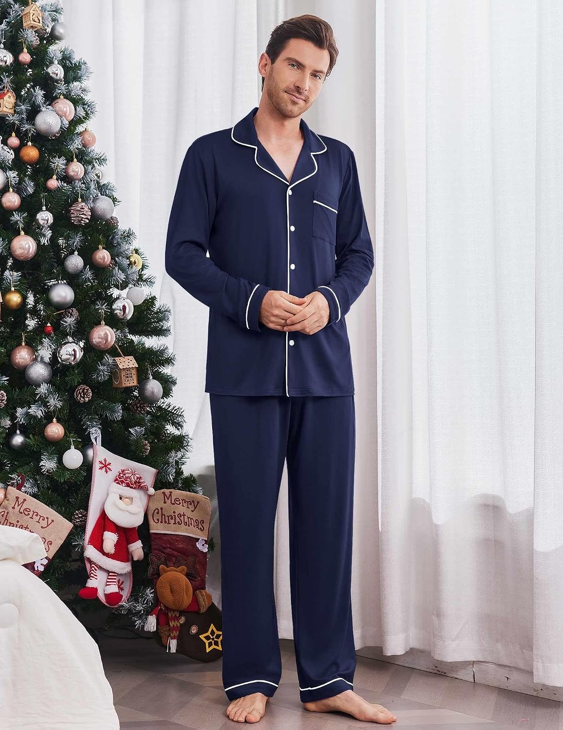 image:imageEkouaer Mens Pajama Sets Long Sleeve Loungewear Button Down Pjs with PantsNavy Blue