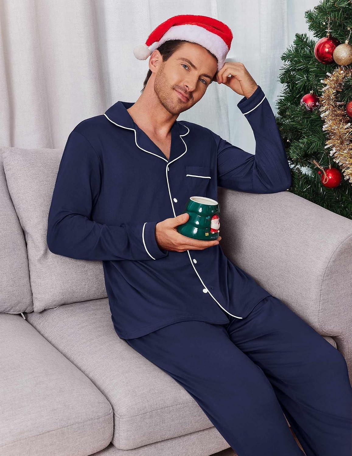 image:imageEkouaer Mens Pajama Sets Long Sleeve Loungewear Button Down Pjs with PantsNavy Blue