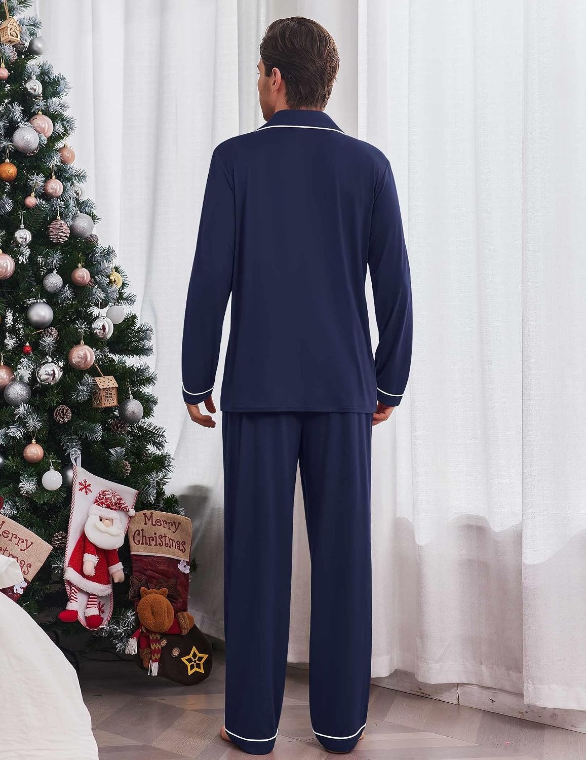 image:imageEkouaer Mens Pajama Sets Long Sleeve Loungewear Button Down Pjs with PantsNavy Blue