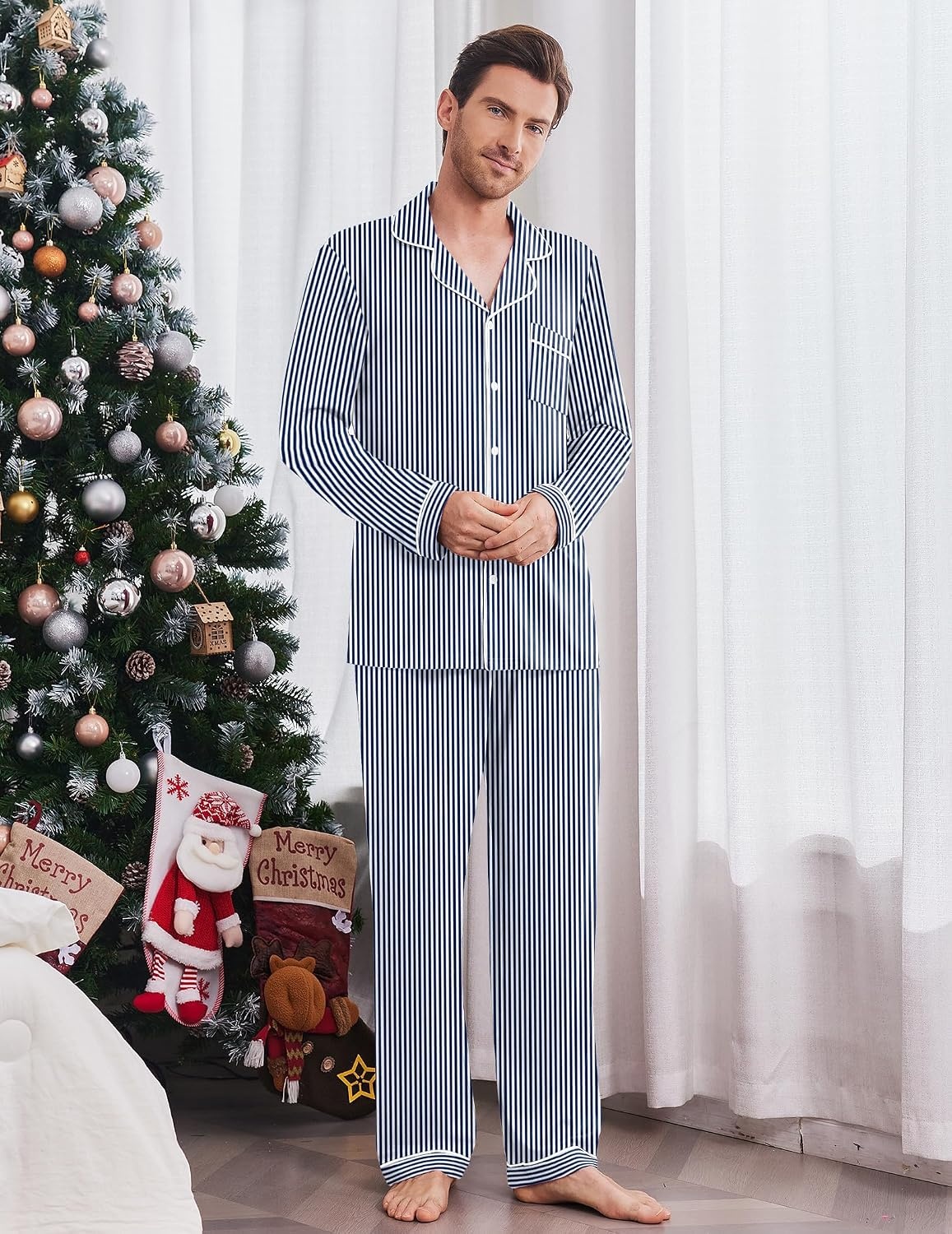 image:imageEkouaer Mens Pajama Sets Long Sleeve Loungewear Button Down Pjs with PantsNavy Stripe