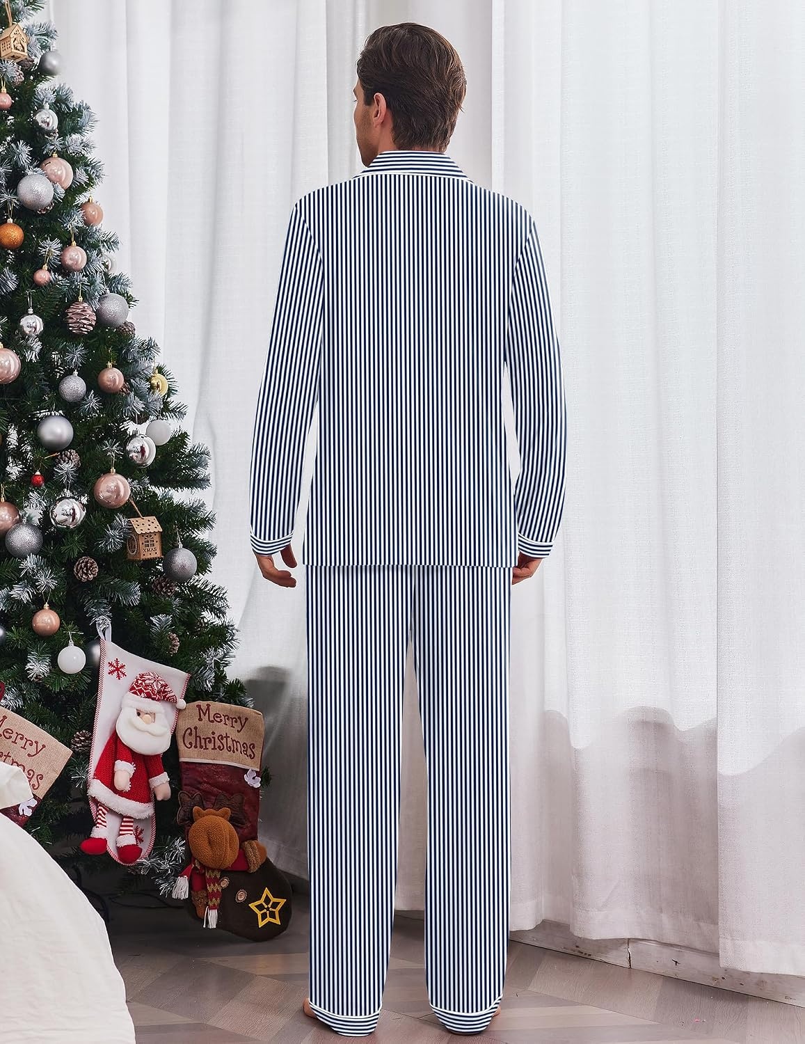 image:imageEkouaer Mens Pajama Sets Long Sleeve Loungewear Button Down Pjs with PantsNavy Stripe
