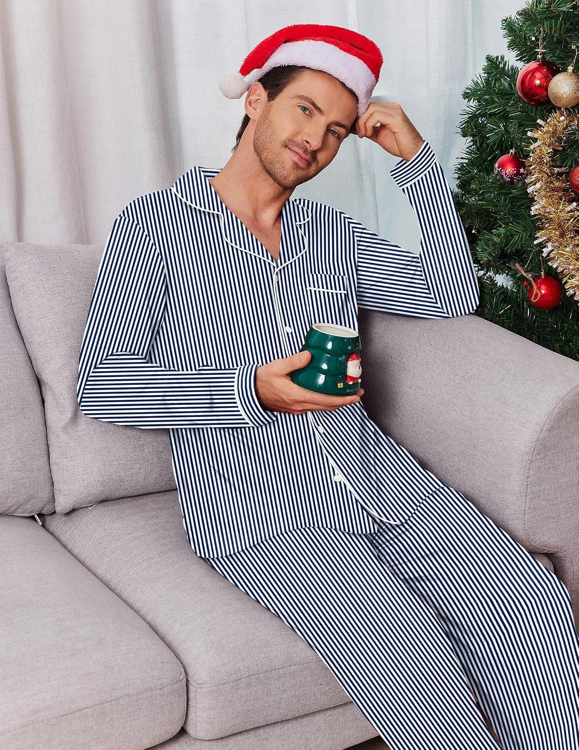 image:imageEkouaer Mens Pajama Sets Long Sleeve Loungewear Button Down Pjs with PantsNavy Stripe