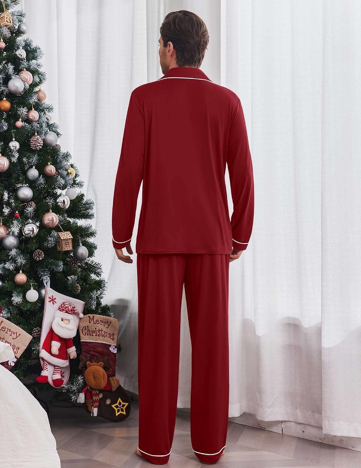 image:imageEkouaer Mens Pajama Sets Long Sleeve Loungewear Button Down Pjs with PantsRed