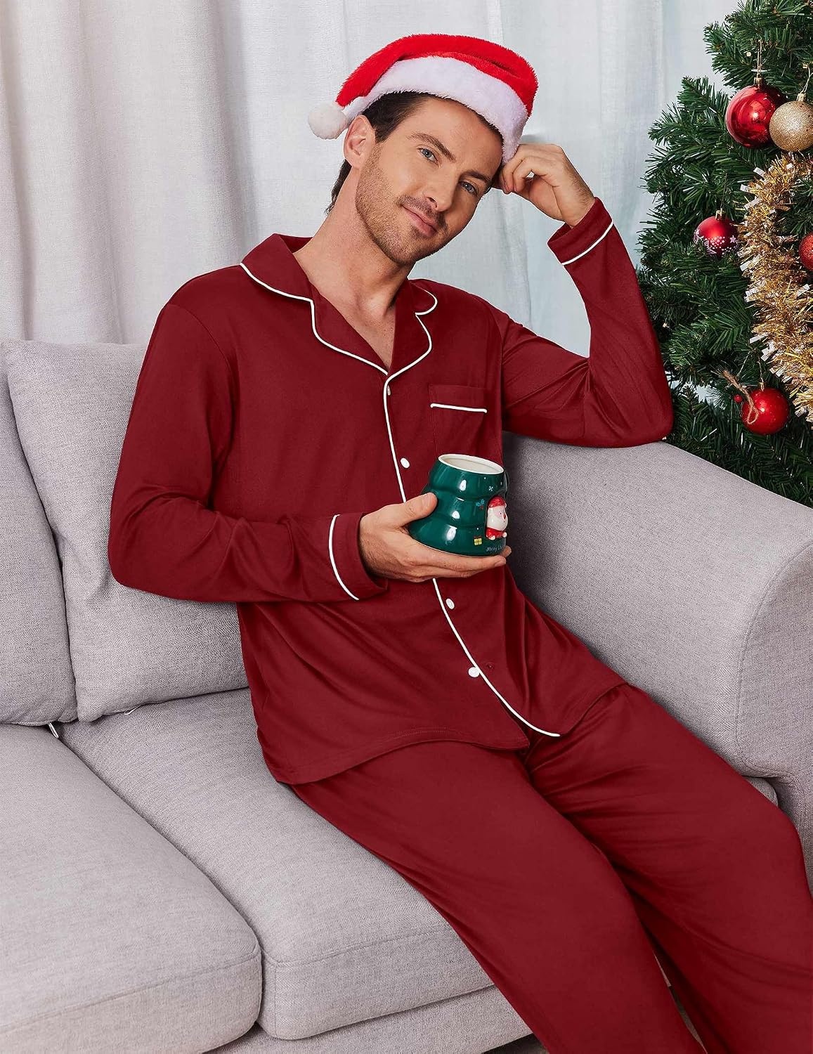 image:imageEkouaer Mens Pajama Sets Long Sleeve Loungewear Button Down Pjs with PantsRed