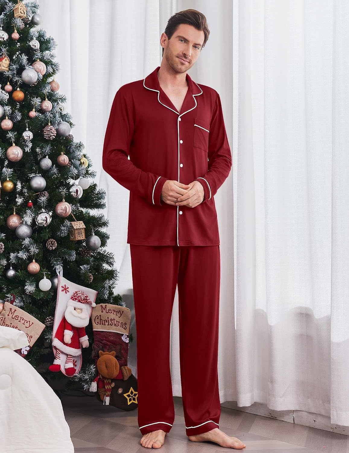 image:imageEkouaer Mens Pajama Sets Long Sleeve Loungewear Button Down Pjs with PantsRed