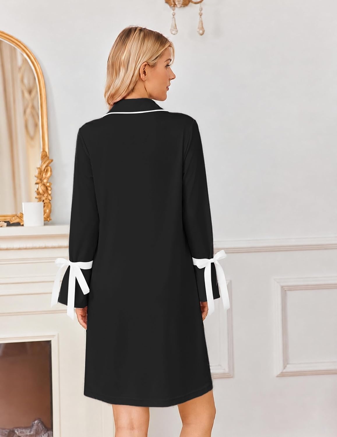 image:imageEkouaer Nightgowns for Women Long Sleeve Button Down Bow Cuffs Sleep ShirtBlack
