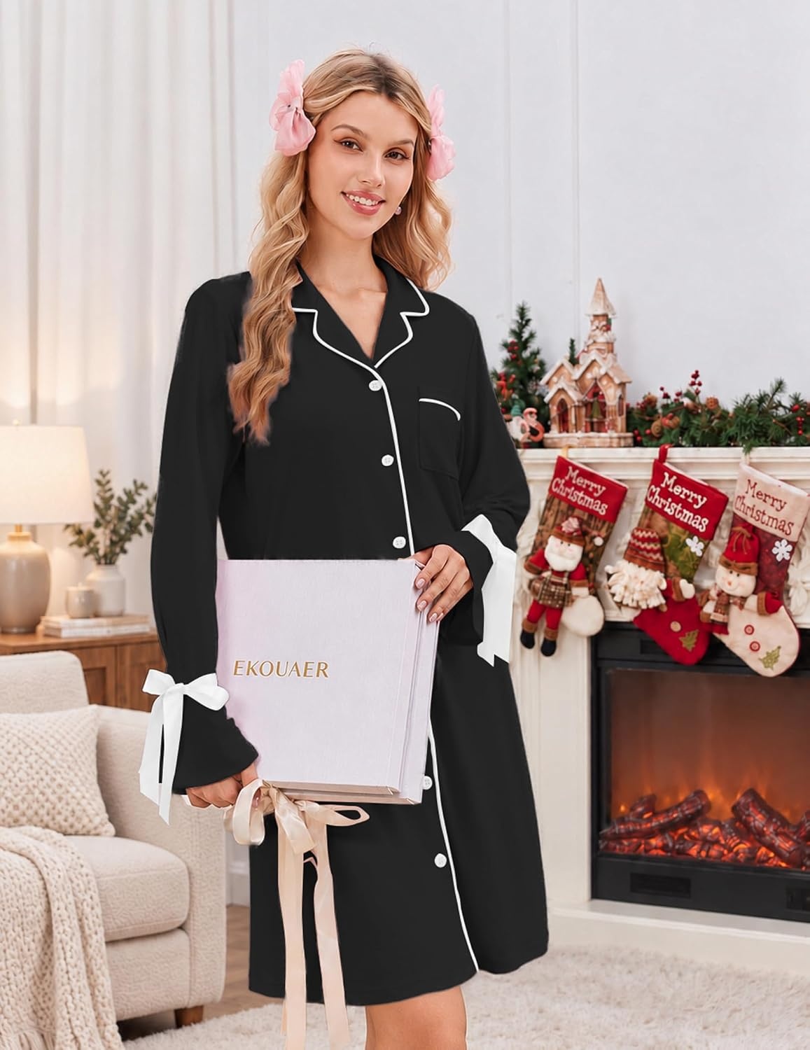 image:imageEkouaer Nightgowns for Women Long Sleeve Button Down Bow Cuffs Sleep ShirtBlack
