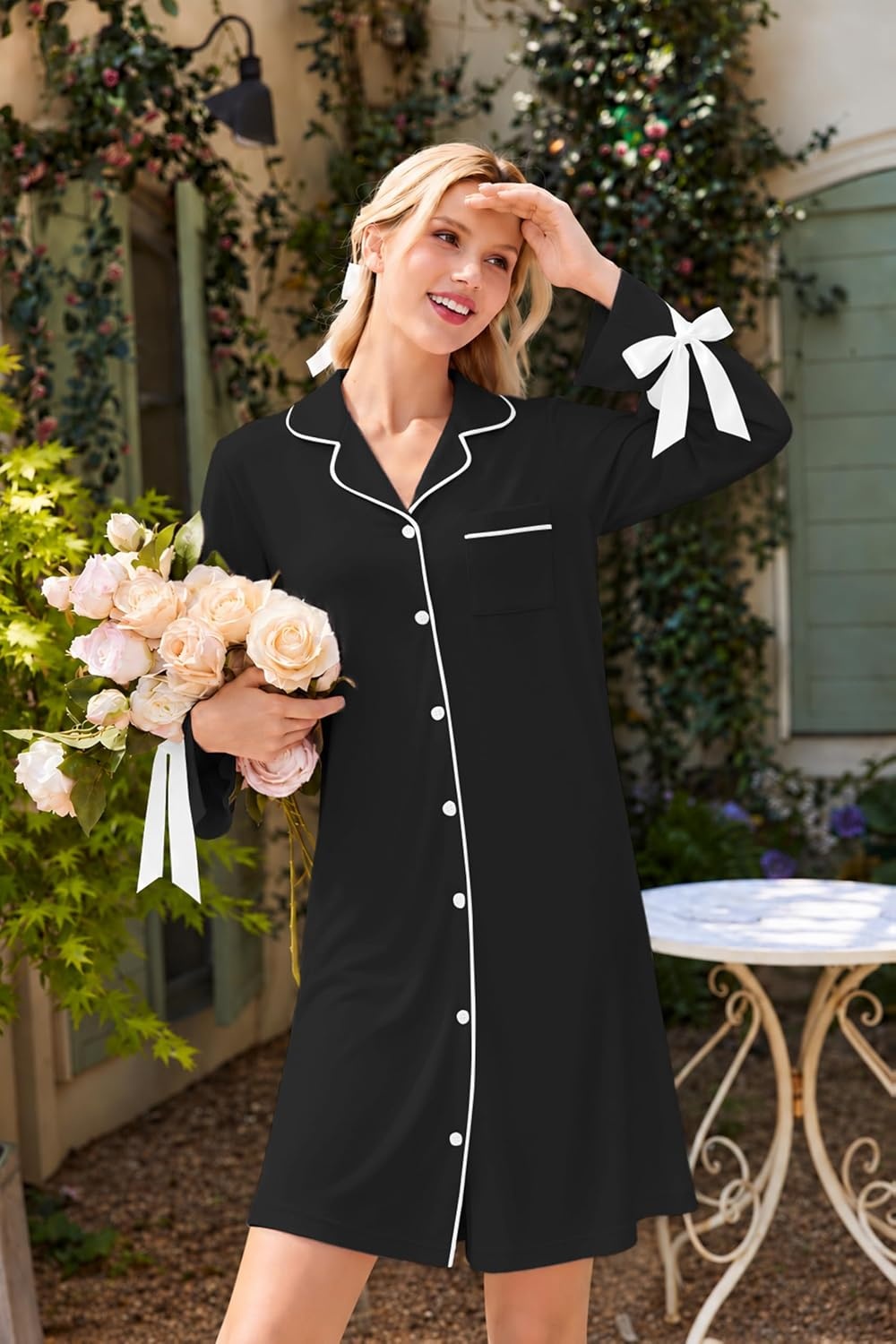 image:imageEkouaer Nightgowns for Women Long Sleeve Button Down Bow Cuffs Sleep ShirtBlack