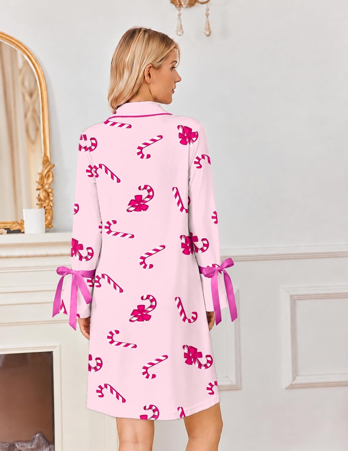 image:imageEkouaer Nightgowns for Women Long Sleeve Button Down Bow Cuffs Sleep ShirtCandy Canes