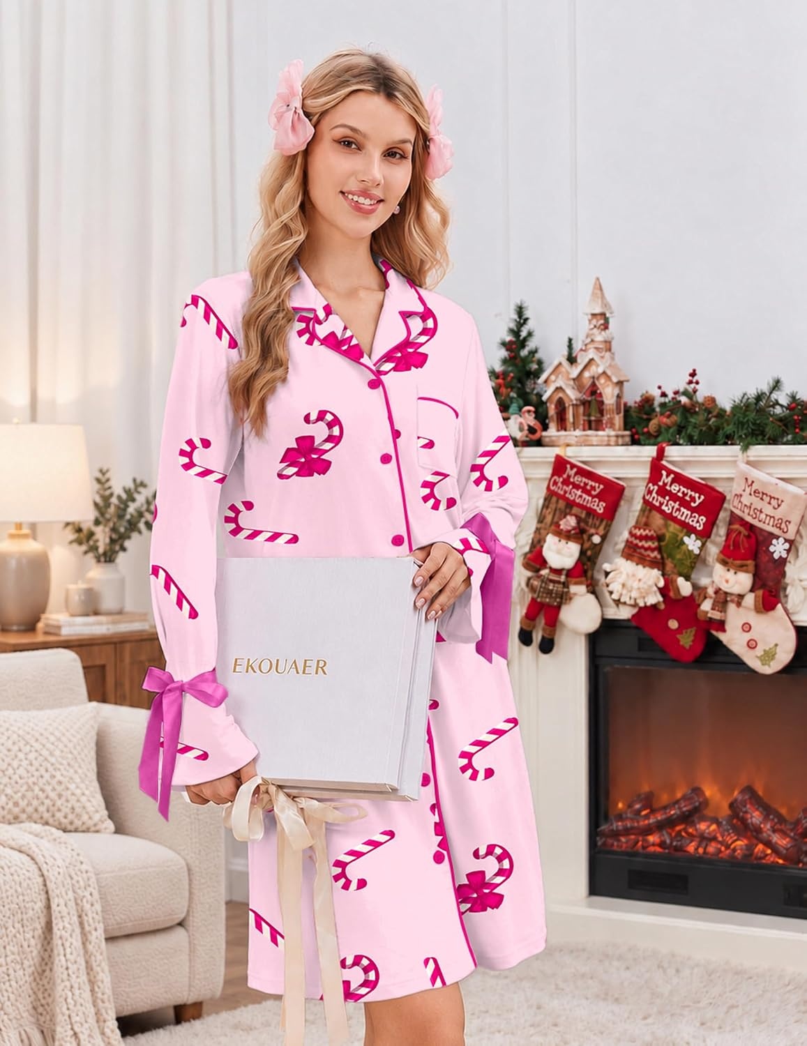 image:imageEkouaer Nightgowns for Women Long Sleeve Button Down Bow Cuffs Sleep ShirtCandy Canes