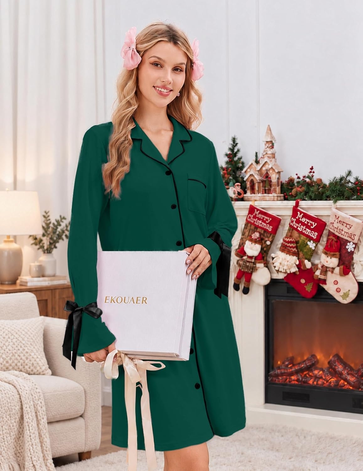 image:imageEkouaer Nightgowns for Women Long Sleeve Button Down Bow Cuffs Sleep ShirtLake Green