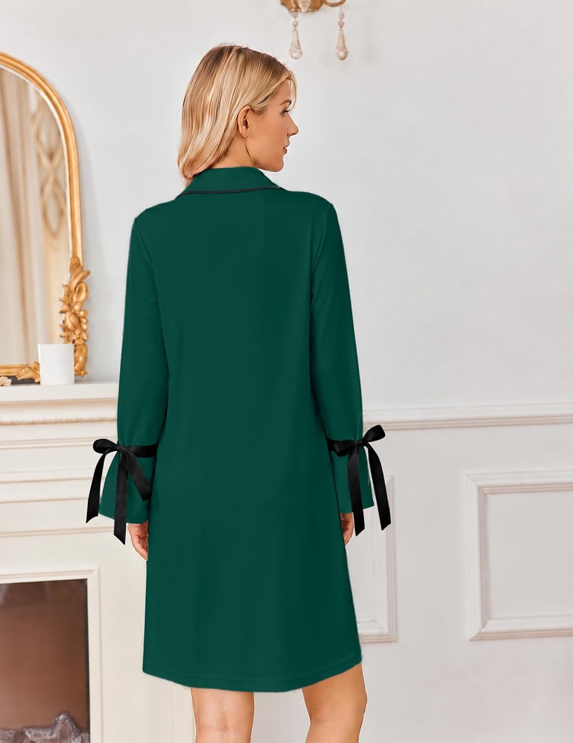 image:imageEkouaer Nightgowns for Women Long Sleeve Button Down Bow Cuffs Sleep ShirtLake Green