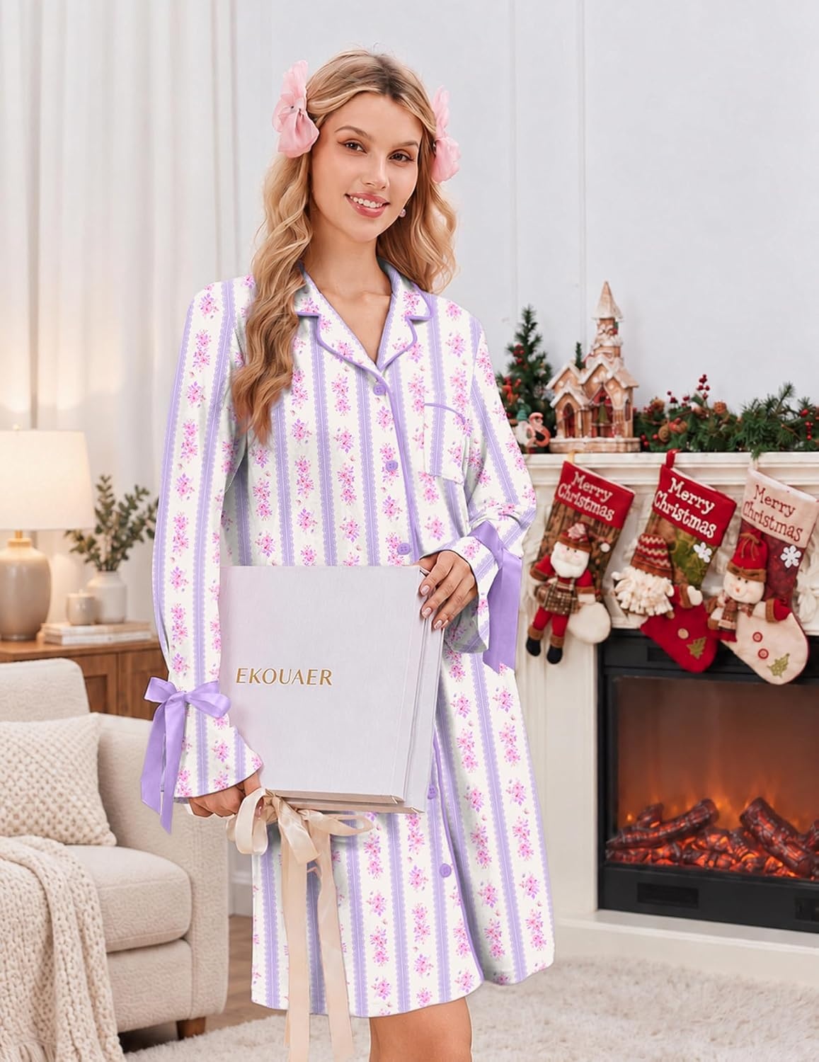 image:imageEkouaer Nightgowns for Women Long Sleeve Button Down Bow Cuffs Sleep ShirtPurple Floral