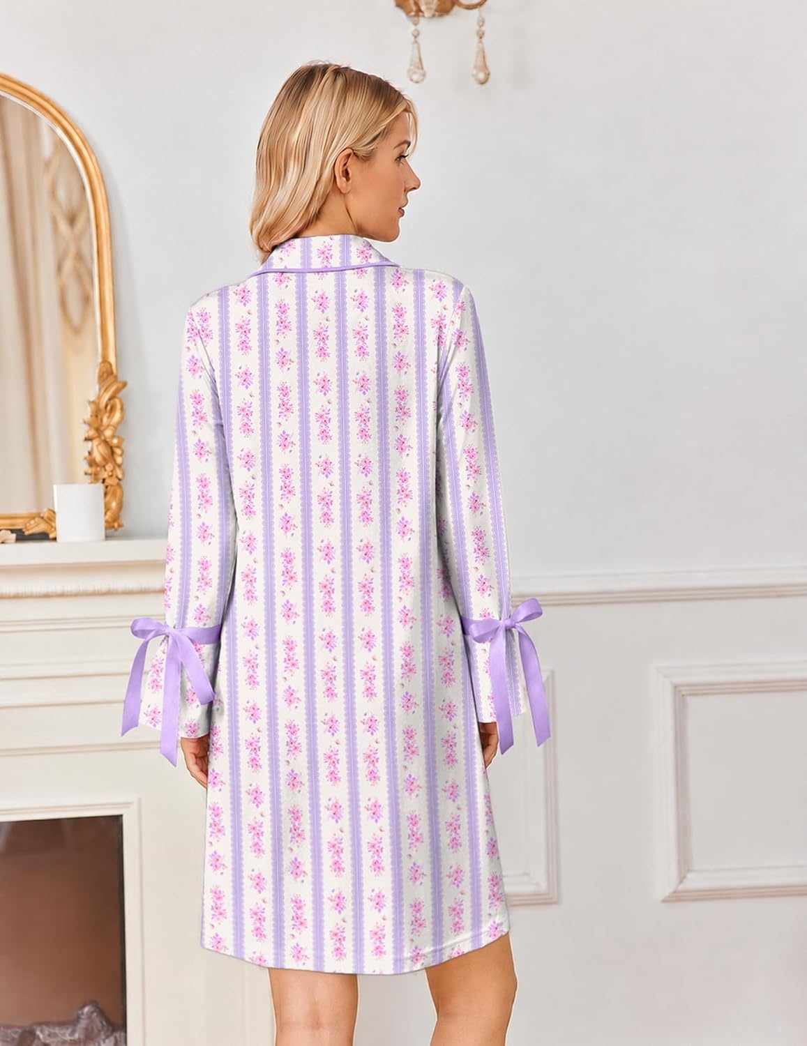 image:imageEkouaer Nightgowns for Women Long Sleeve Button Down Bow Cuffs Sleep ShirtPurple Floral