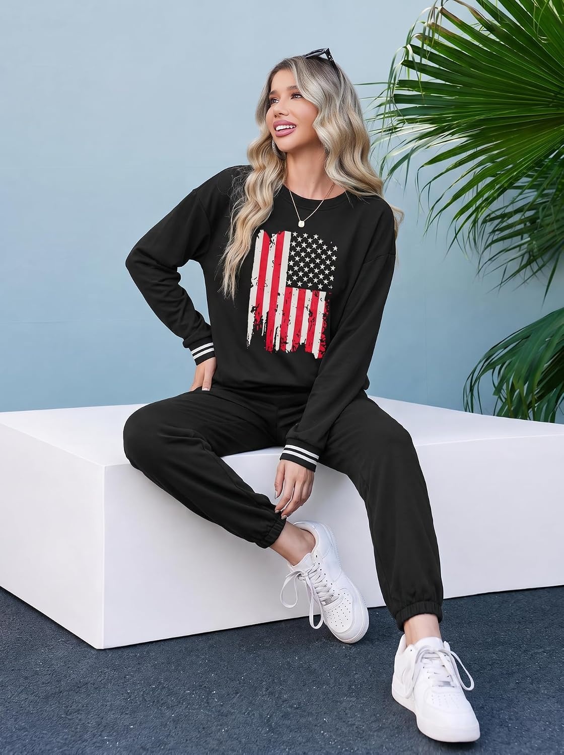 image:imageEkouaer Womens 2 Piece Lounge Sets Casual Matching Set 2026 Fashion OutfitBlack Flag