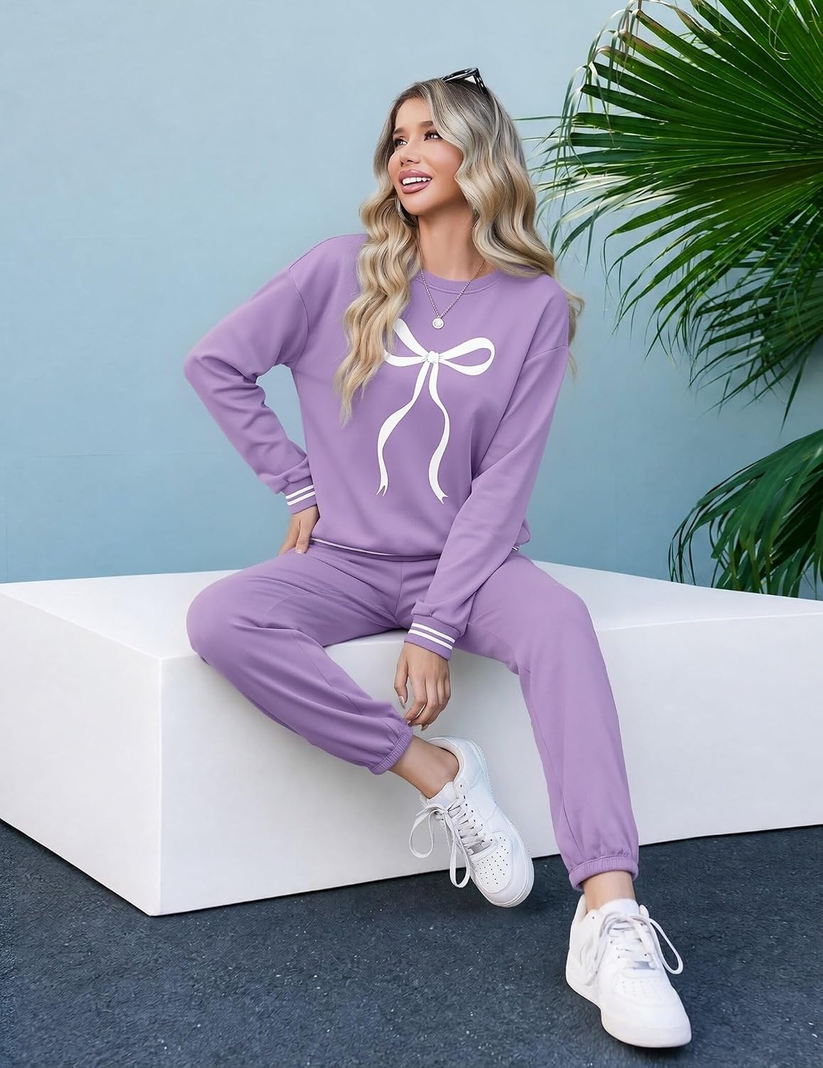 image:imageEkouaer Womens 2 Piece Lounge Sets Casual Matching Set 2026 Fashion OutfitPurple Bow