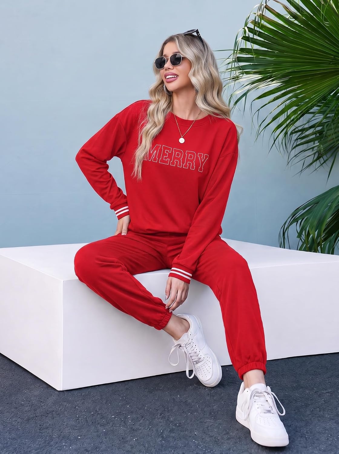 image:imageEkouaer Womens 2 Piece Lounge Sets Casual Matching Set 2026 Fashion OutfitRed Merry