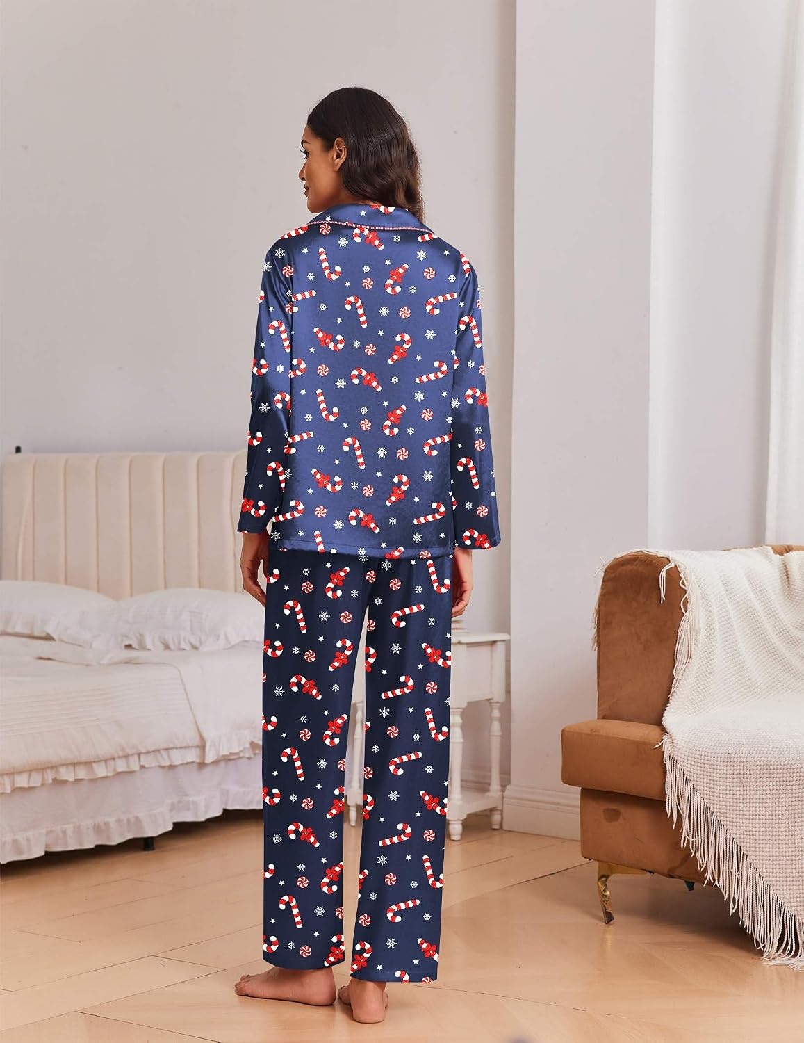 image:imageEkouaer Womens Christmas Pajamas Silk Satin Pjs 2 Piece Striped LoungewearChristmas Navy Candy Cane