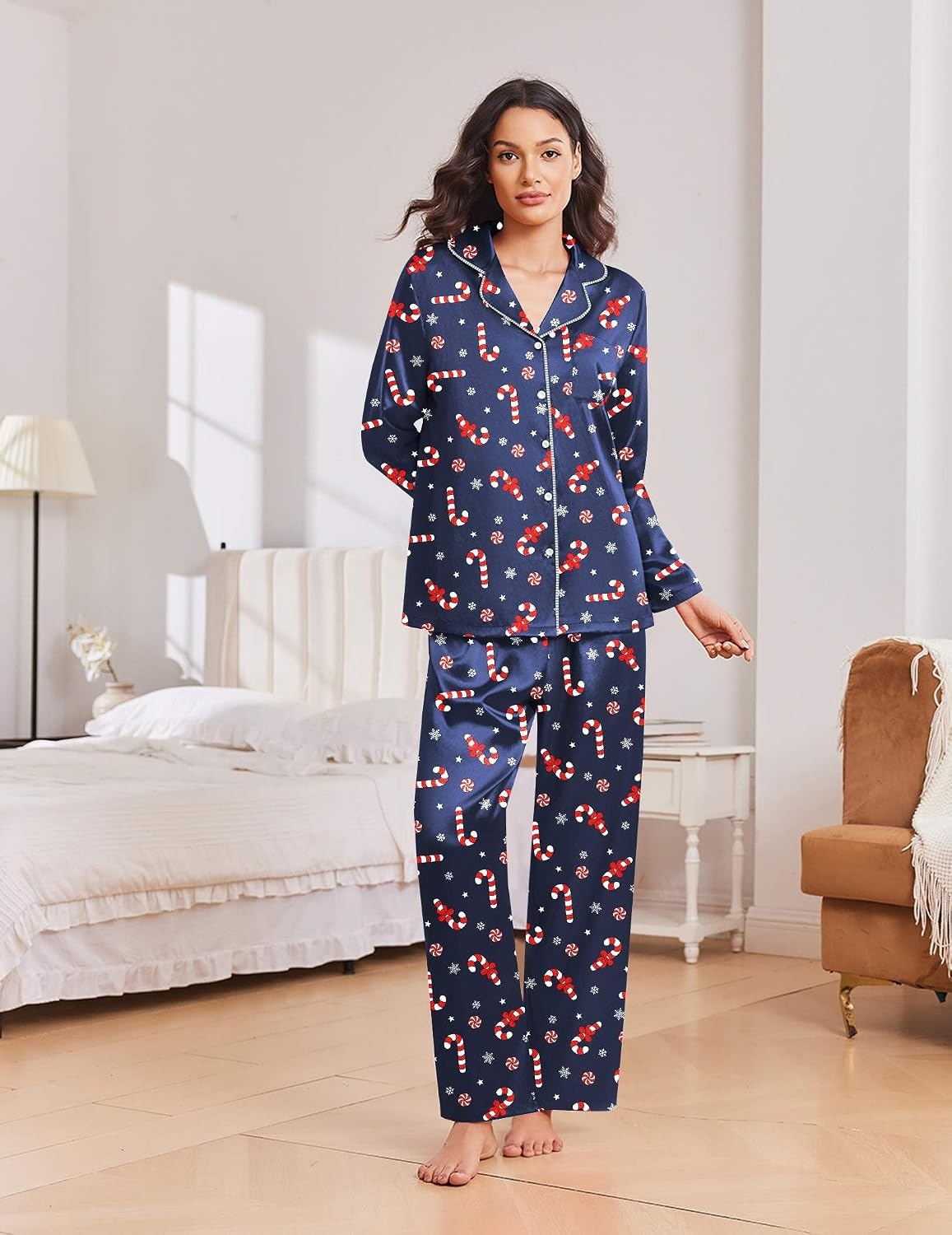 image:imageEkouaer Womens Christmas Pajamas Silk Satin Pjs 2 Piece Striped LoungewearChristmas Navy Candy Cane