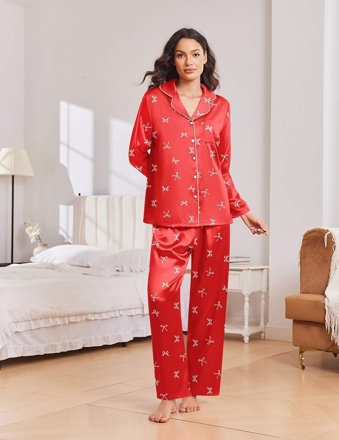 image:imageEkouaer Womens Christmas Pajamas Silk Satin Pjs 2 Piece Striped LoungewearChristmas Red Bow